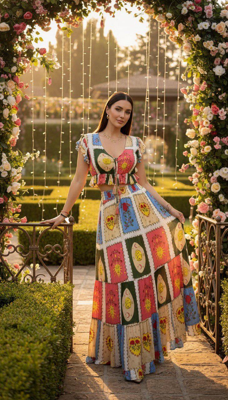 Boho Two Piece Skirt Set for Women, Colorful Co Ord Set, Resort Vacation Outfit, Bohemian Maxi Skirt Set, Summer Matching Set.