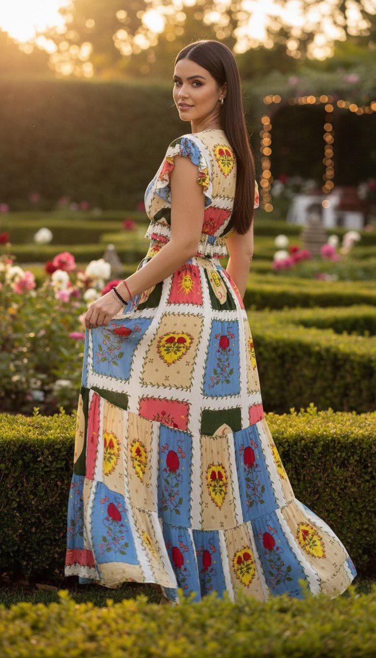 Boho Two Piece Skirt Set for Women, Colorful Co Ord Set, Resort Vacation Outfit, Bohemian Maxi Skirt Set, Summer Matching Set.