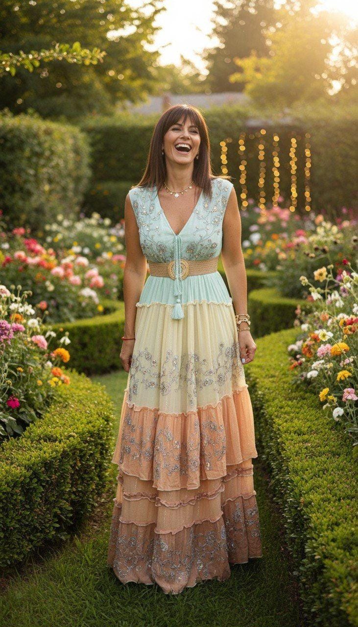 Pastel Boho Maxi Dress, Tiered Summer Dress, Mint & Peach Lace Dress, Sleeveless Wedding Guest Dress, Resort Vacation Outfit