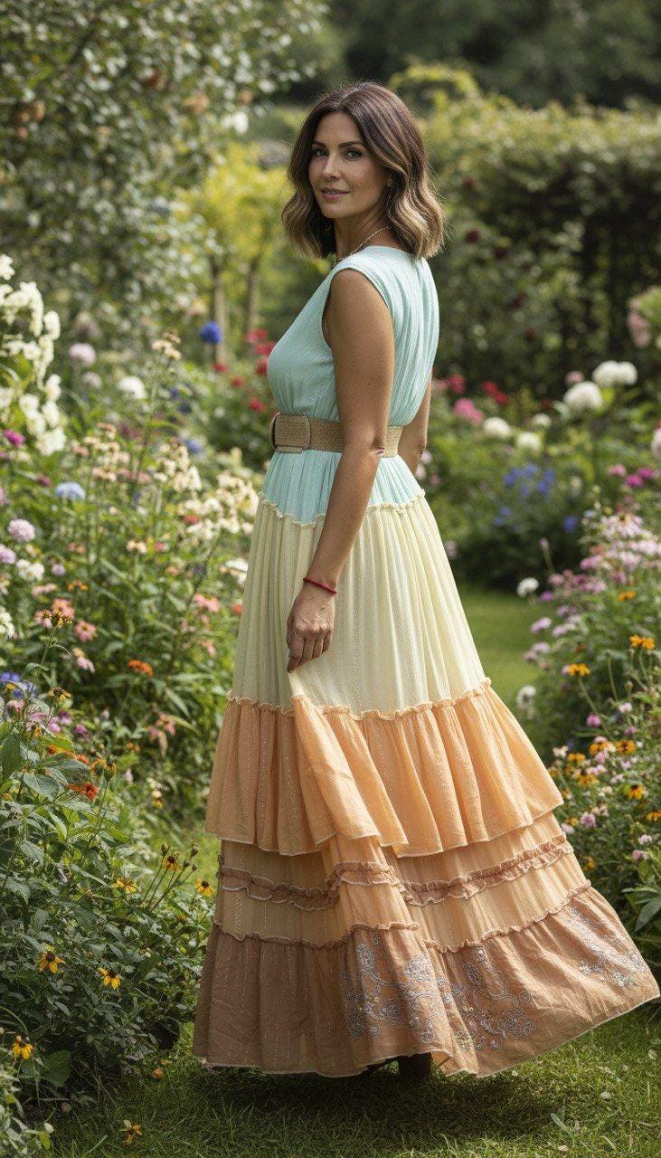 Pastel Boho Maxi Dress, Tiered Summer Dress, Mint & Peach Lace Dress, Sleeveless Wedding Guest Dress, Resort Vacation Outfit