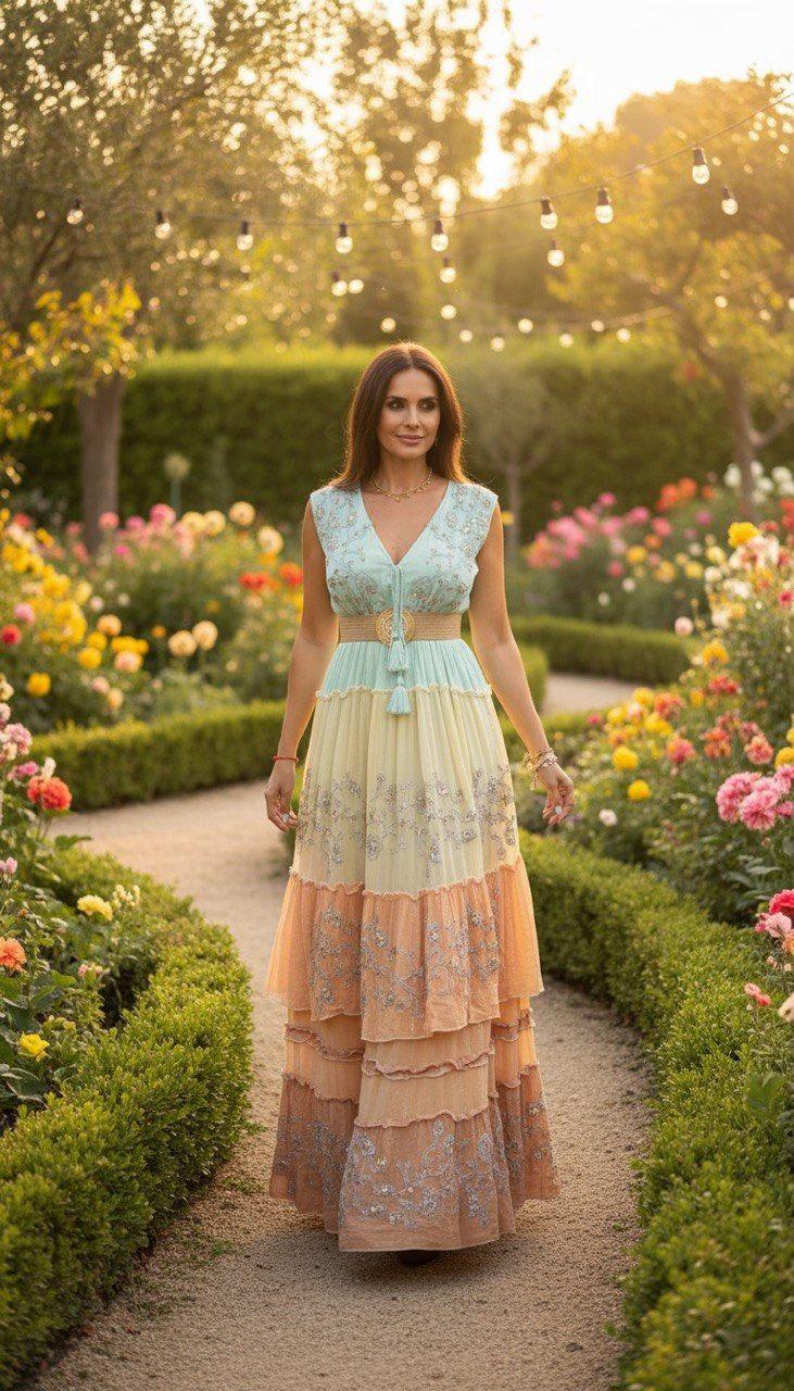 Pastel Boho Maxi Dress, Tiered Summer Dress, Mint & Peach Lace Dress, Sleeveless Wedding Guest Dress, Resort Vacation Outfit