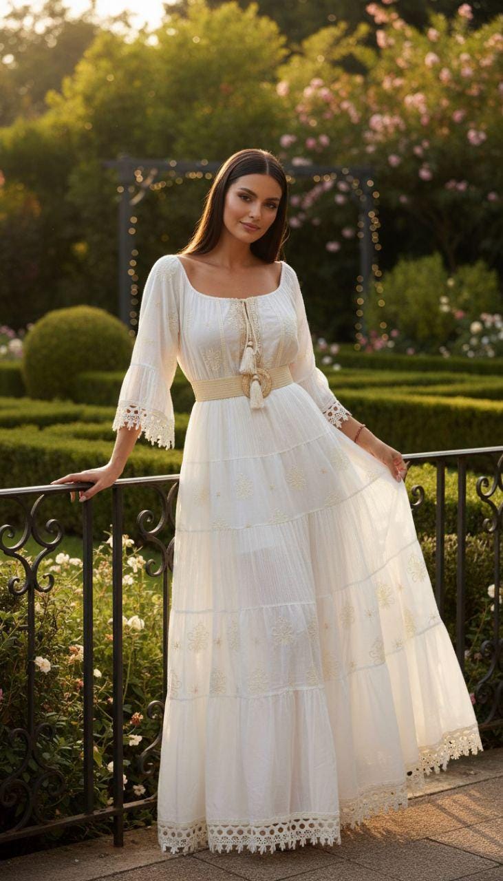 Boho White Maxi Dress, Long Bohemian Wedding Dress, Rustic Bridal Gown, Flowy Beach Wedding Dress for Women, Boho Wedding Dress, Boho Chic.