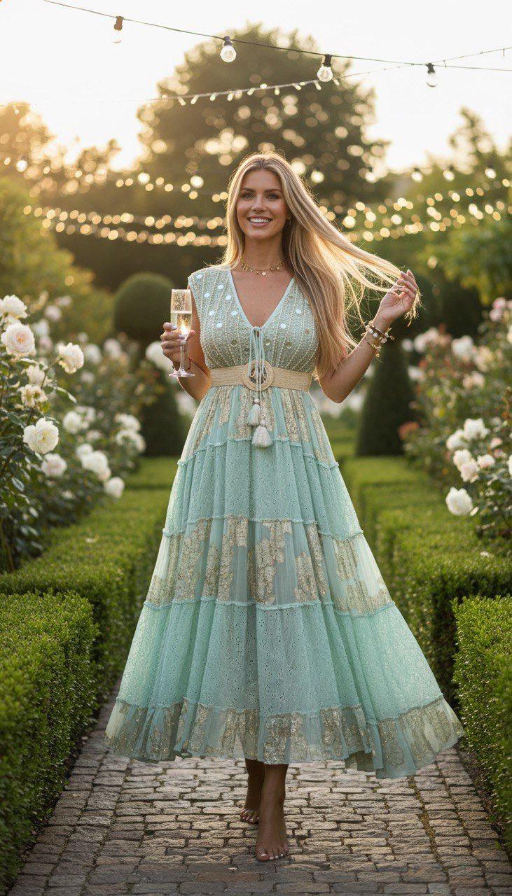 Mint Green Boho Maxi Dress, Sleeveless Cottagecore Dress, V Neck Tiered Dress, Romantic Bohemian Summer Dress, Festival Outfit, Beach Vacati