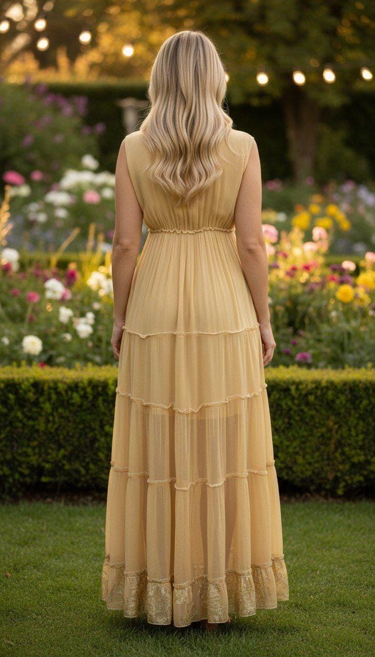 Yellow Boho Maxi Dress Sleeveless, Long Flowy Summer Dress, Beach Vacation Outfit, Elegant Bohemian Maxi Dress for Women, Boho Maxi Dress.