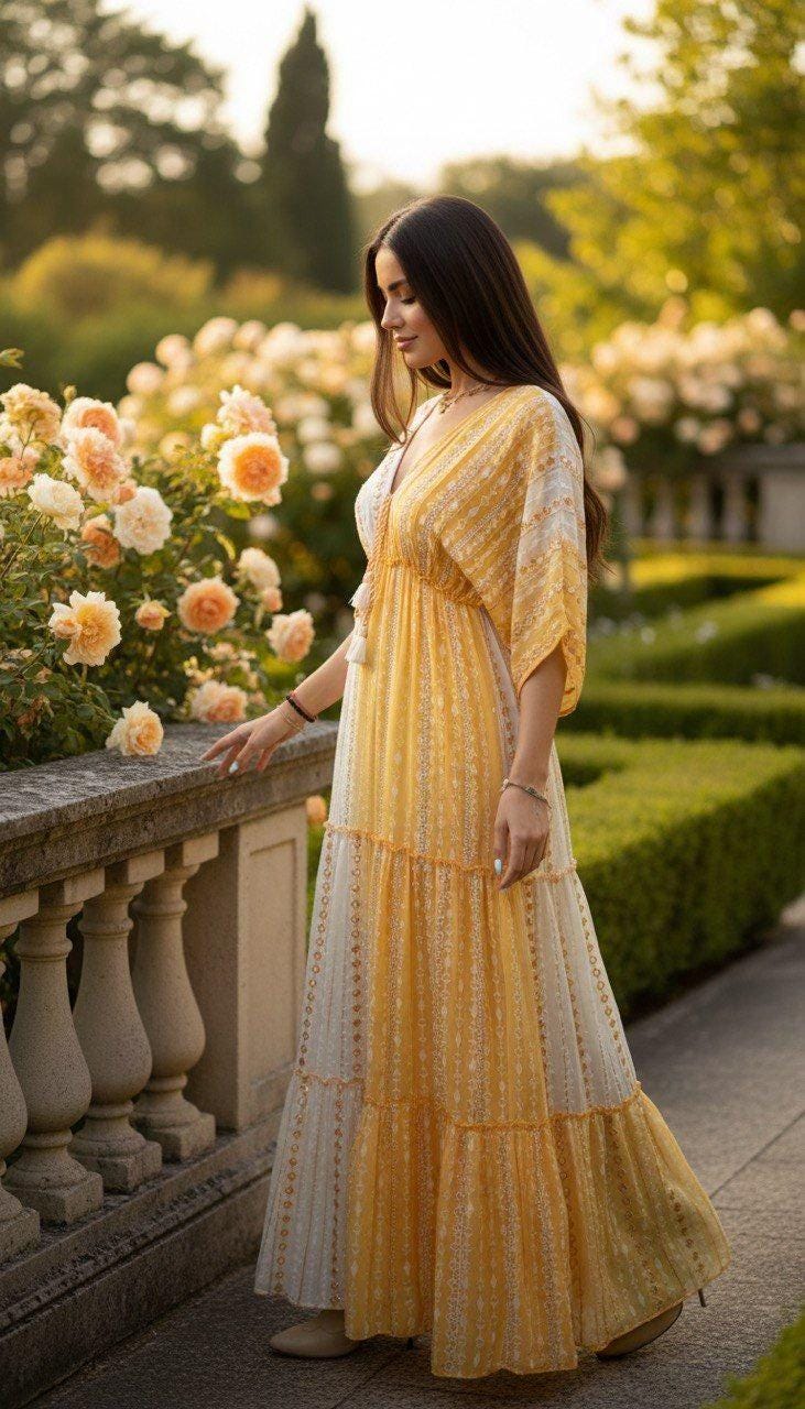 Boho Yellow Maxi Dress for Women, Flowy Resort Dress, Summer Vacation Dress, Bohemian Long Dress, Beach Wedding Guest Outfit.