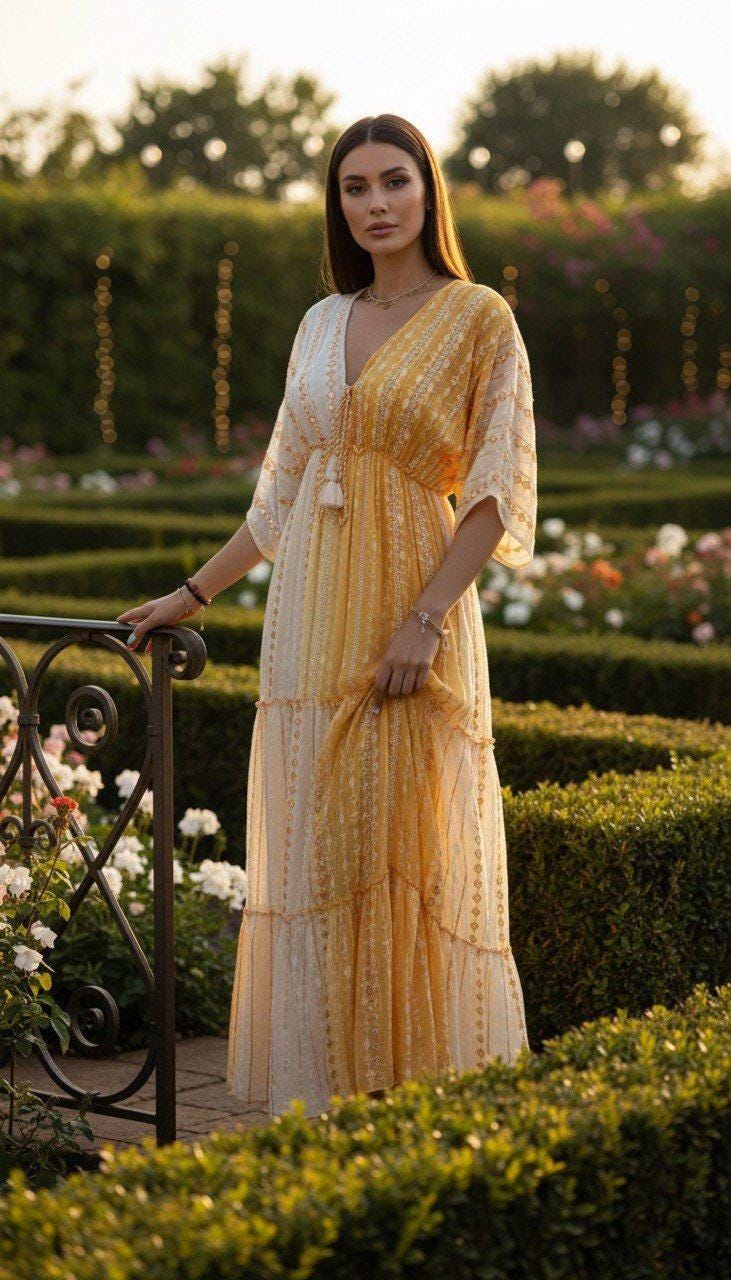 Boho Yellow Maxi Dress for Women, Flowy Resort Dress, Summer Vacation Dress, Bohemian Long Dress, Beach Wedding Guest Outfit.