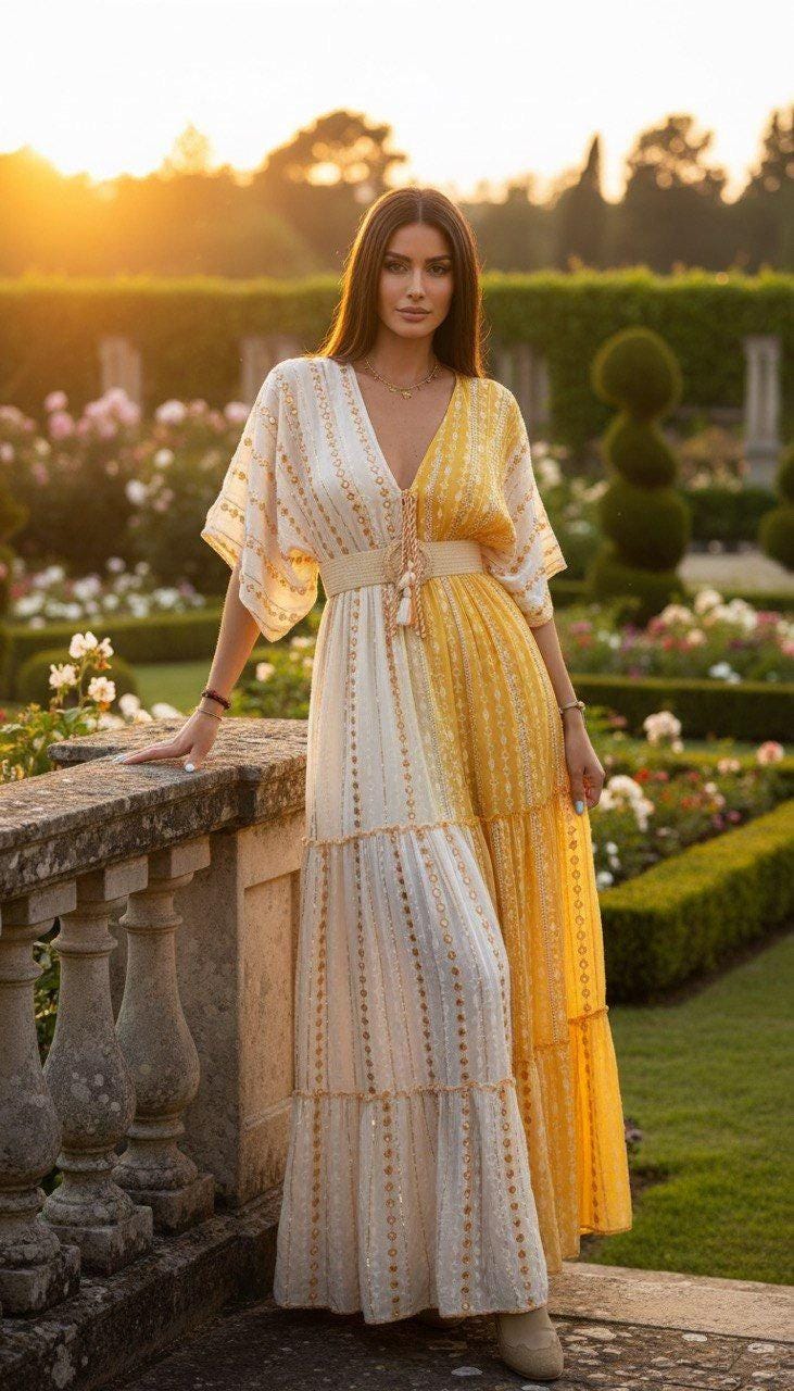 Boho Yellow Maxi Dress for Women, Flowy Resort Dress, Summer Vacation Dress, Bohemian Long Dress, Beach Wedding Guest Outfit.