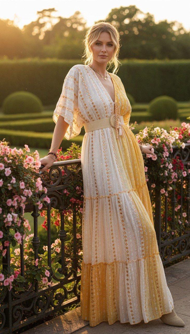 Boho Yellow Maxi Dress for Women, Flowy Resort Dress, Summer Vacation Dress, Bohemian Long Dress, Beach Wedding Guest Outfit.