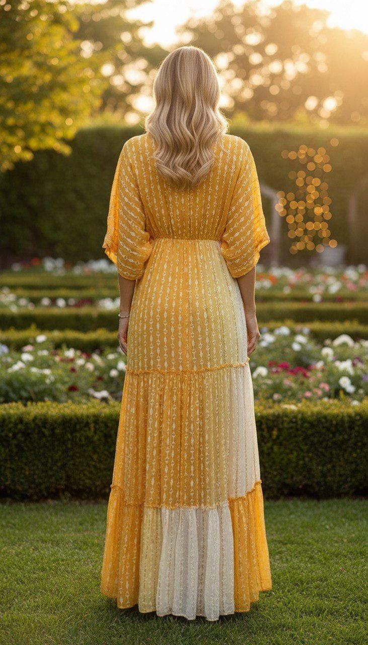 Boho Yellow Maxi Dress for Women, Flowy Resort Dress, Summer Vacation Dress, Bohemian Long Dress, Beach Wedding Guest Outfit.