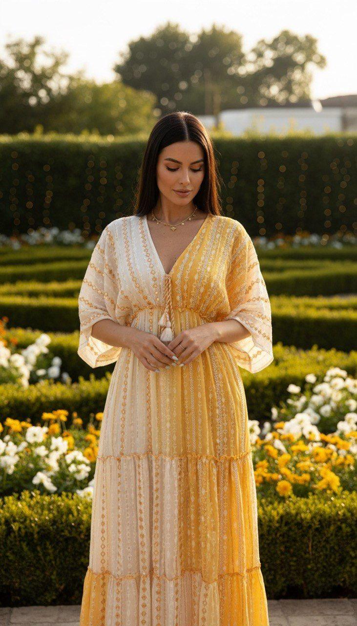 Boho Yellow Maxi Dress for Women, Flowy Resort Dress, Summer Vacation Dress, Bohemian Long Dress, Beach Wedding Guest Outfit.