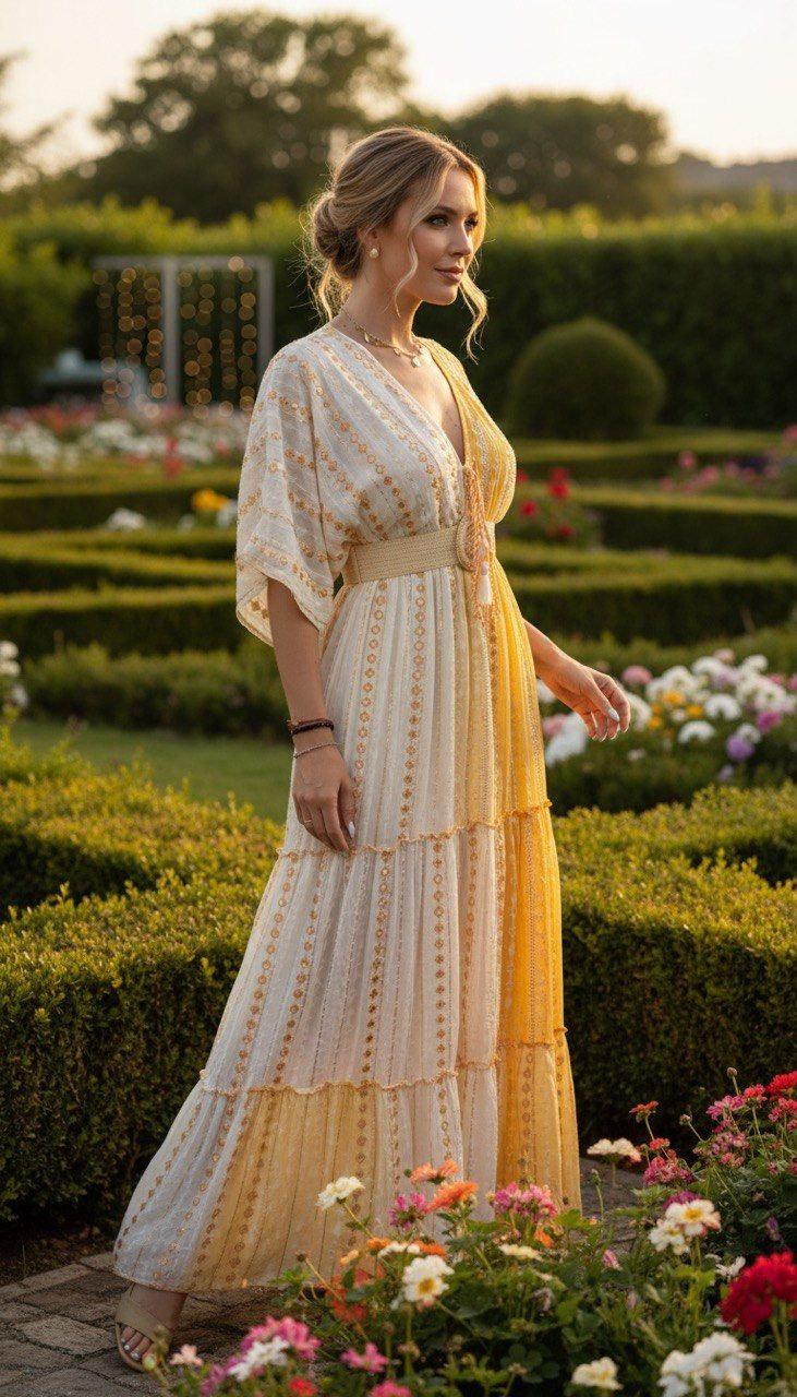 Boho Yellow Maxi Dress for Women, Flowy Resort Dress, Summer Vacation Dress, Bohemian Long Dress, Beach Wedding Guest Outfit.
