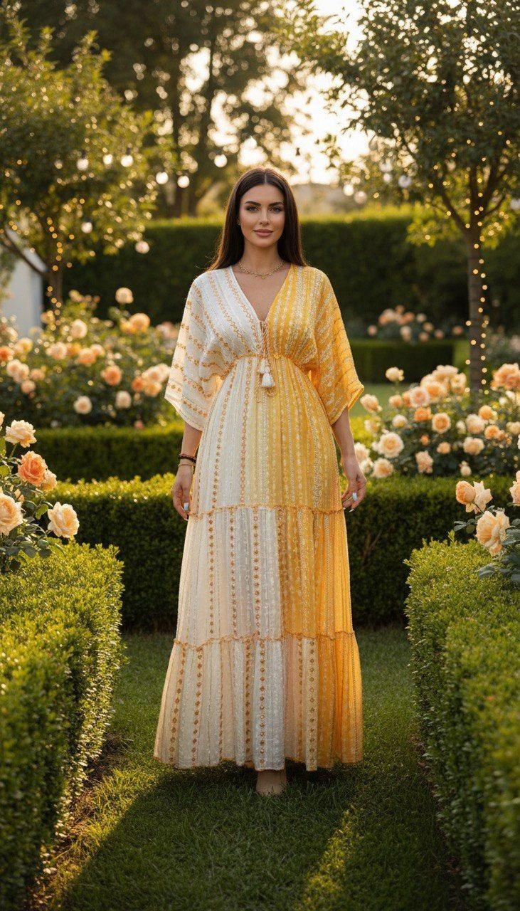 Boho Yellow Maxi Dress for Women, Flowy Resort Dress, Summer Vacation Dress, Bohemian Long Dress, Beach Wedding Guest Outfit.
