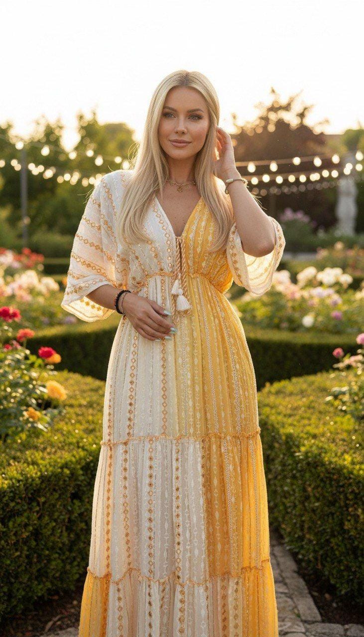 Boho Yellow Maxi Dress for Women, Flowy Resort Dress, Summer Vacation Dress, Bohemian Long Dress, Beach Wedding Guest Outfit.