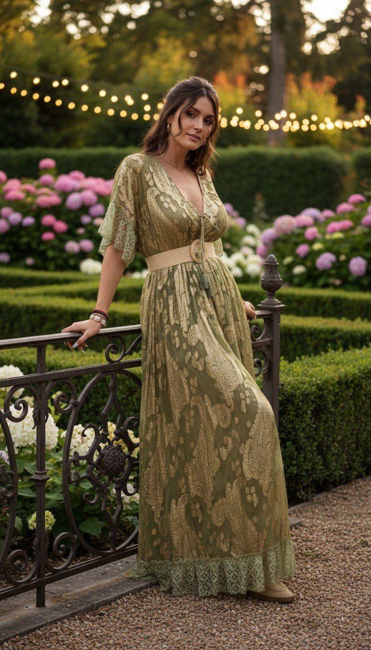 Olive Green Boho Maxi Dress, Paisley Bohemian Dress, V Neck Empire Waist Dress, Festival Dress, Cottagecore Summer Dress, Romantic Maxi Gown