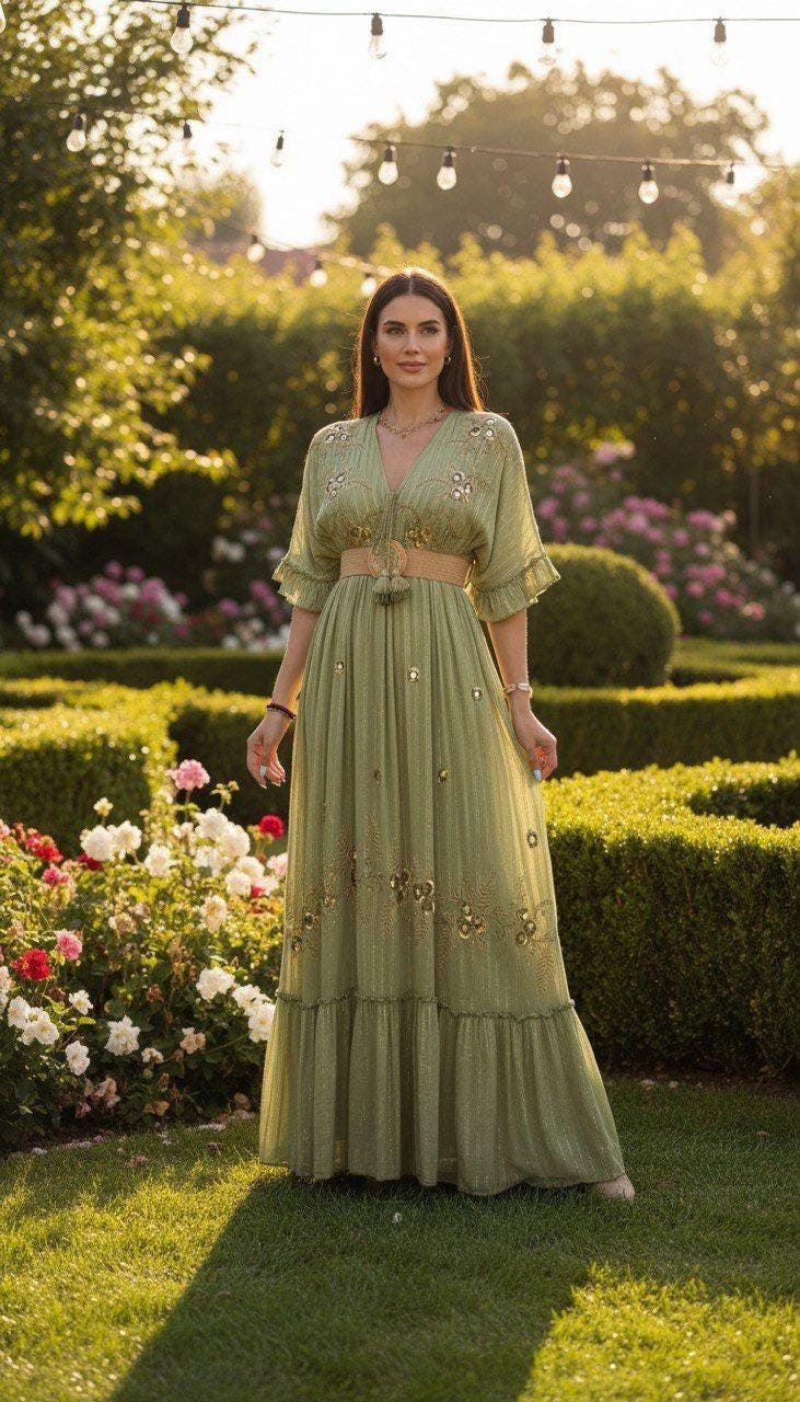 Sage Green Boho Maxi Dress, Embroidered Cottagecore Dress, V Neck Empire Waist Dress, Romantic Prairie Dress, Bohemian Summer Gown