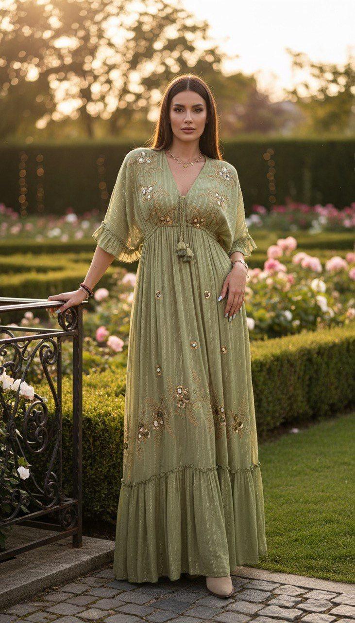 Sage Green Boho Maxi Dress, Embroidered Cottagecore Dress, V Neck Empire Waist Dress, Romantic Prairie Dress, Bohemian Summer Gown