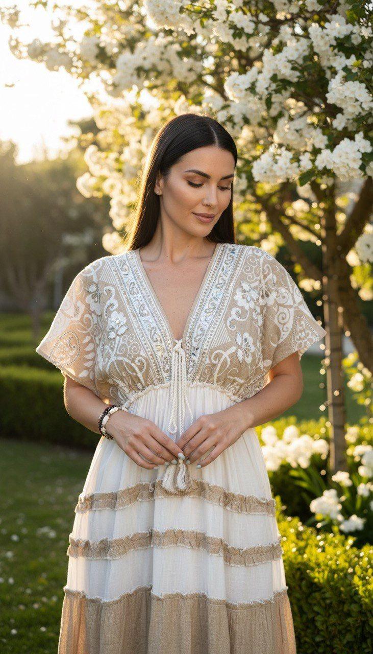 Beige Boho Maxi Dress, Lace Cottagecore Dress, Flowy Summer Dress, Romantic Bohemian Dress, Beach Vacation Outfit.