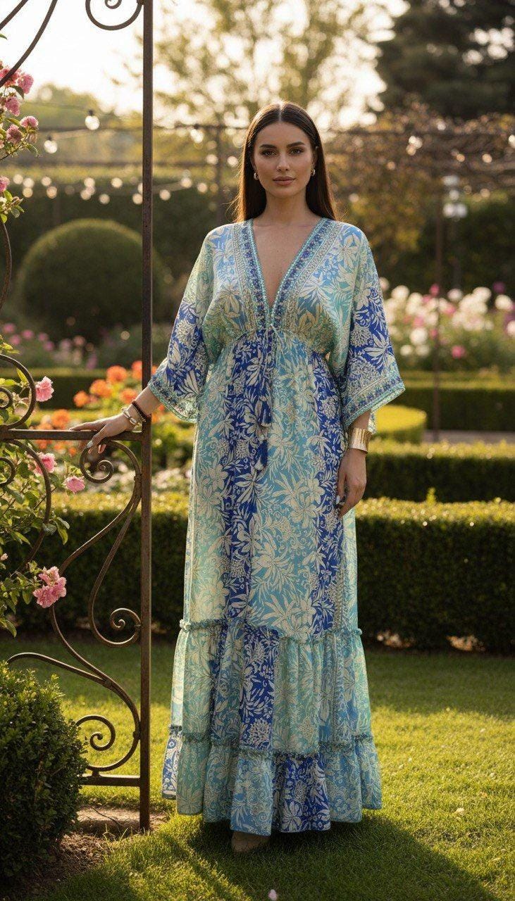 Bohemian Blue Maxi Dress, V Neck Floral Dress, Flowy Beach Dress, Summer Vacation Dress, Festival Outfit, Silk Maxi Dress.