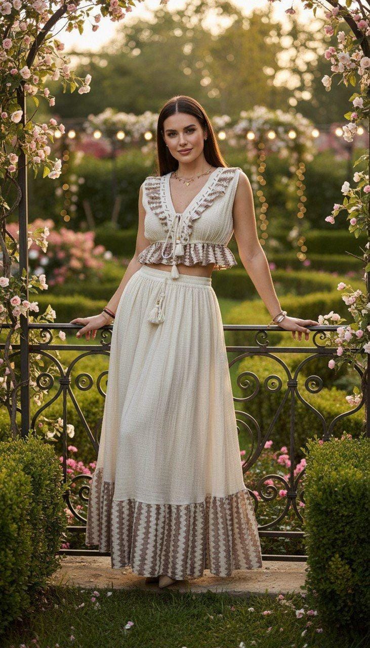 Two Piece Boho Set, Jupe Boho, Maxi Skirt and Crop Top, Bohemian Summer Outfit, Boho Chic Two Piece Set, Hippie Summer Outfit.