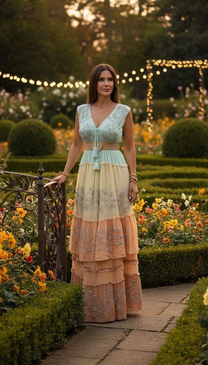 Pastel Boho Maxi Dress, Tiered Summer Dress, Mint & Peach Lace Dress, Sleeveless Wedding Guest Dress, Resort Vacation Outfit