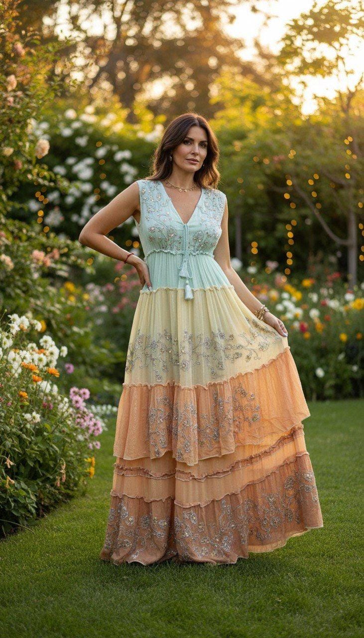 Pastel Boho Maxi Dress, Tiered Summer Dress, Mint & Peach Lace Dress, Sleeveless Wedding Guest Dress, Resort Vacation Outfit