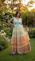 Pastel Boho Maxi Dress, Tiered Summer Dress, Mint & Peach Lace Dress, Sleeveless Wedding Guest Dress, Resort Vacation Outfit