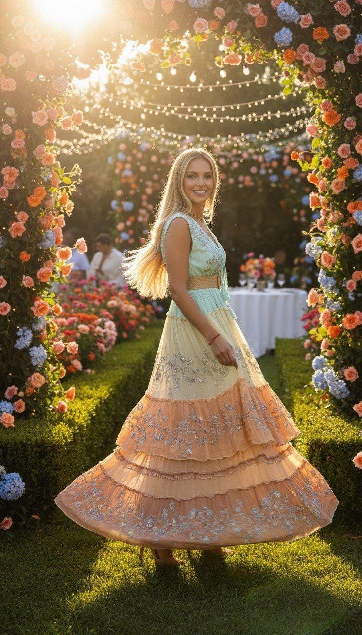 Pastel Boho Maxi Dress, Tiered Summer Dress, Mint & Peach Lace Dress, Sleeveless Wedding Guest Dress, Resort Vacation Outfit