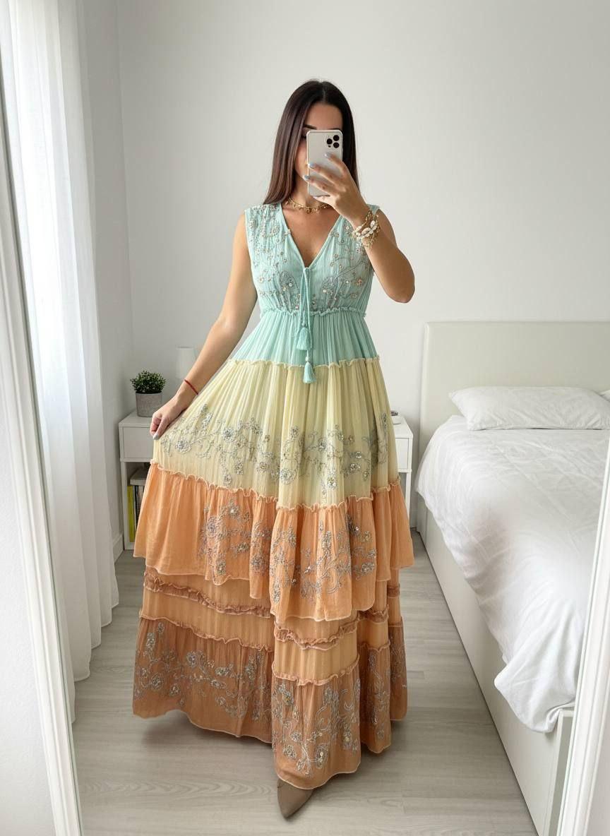 Pastel Boho Maxi Dress, Tiered Summer Dress, Mint & Peach Lace Dress, Sleeveless Wedding Guest Dress, Resort Vacation Outfit