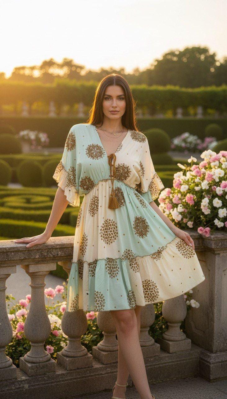 Boho Mini Dress for Women, Sage Green Summer Dress, Resort Vacation Dress, Flowy Bohemian Dress, Beach Holiday Outfit.