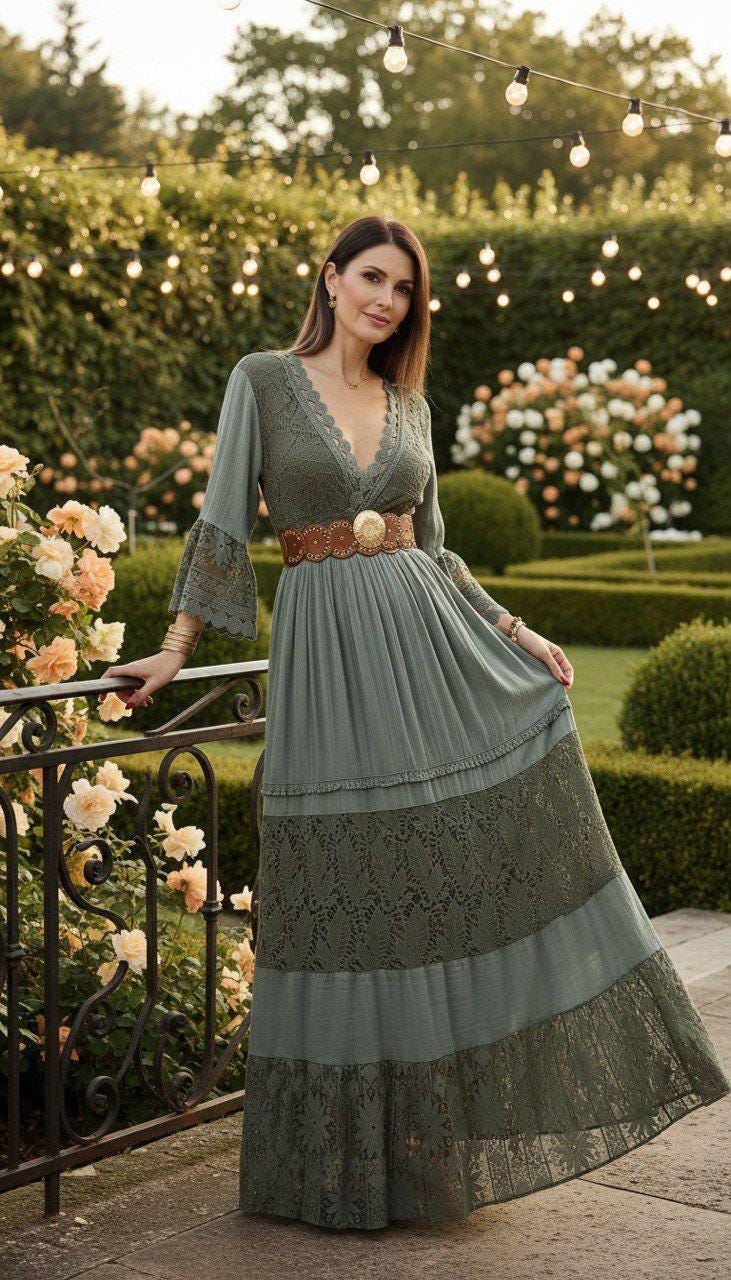 Sage Green Boho Maxi Dress, Lace Cottagecore Dress, V Neck Long Sleeve Dress, Romantic Bohemian Gown, Rustic Wedding Guest Dress.