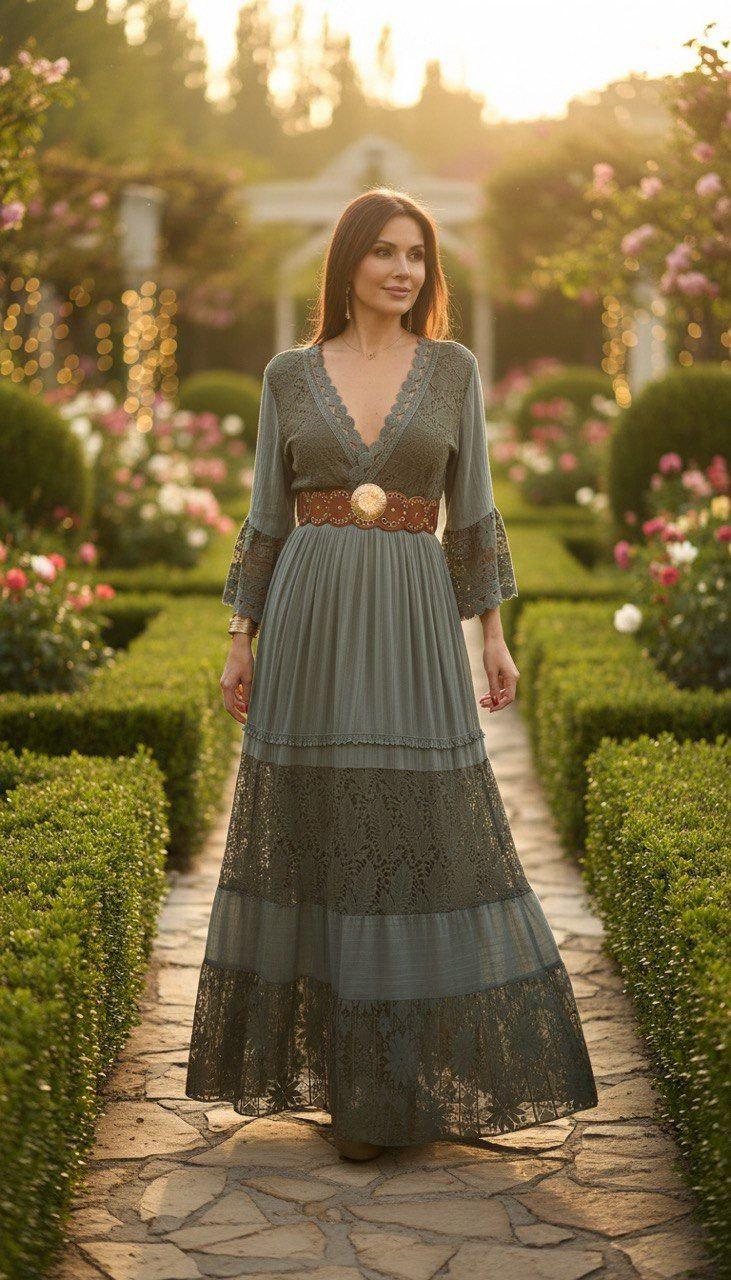 Sage Green Boho Maxi Dress, Lace Cottagecore Dress, V Neck Long Sleeve Dress, Romantic Bohemian Gown, Rustic Wedding Guest Dress.