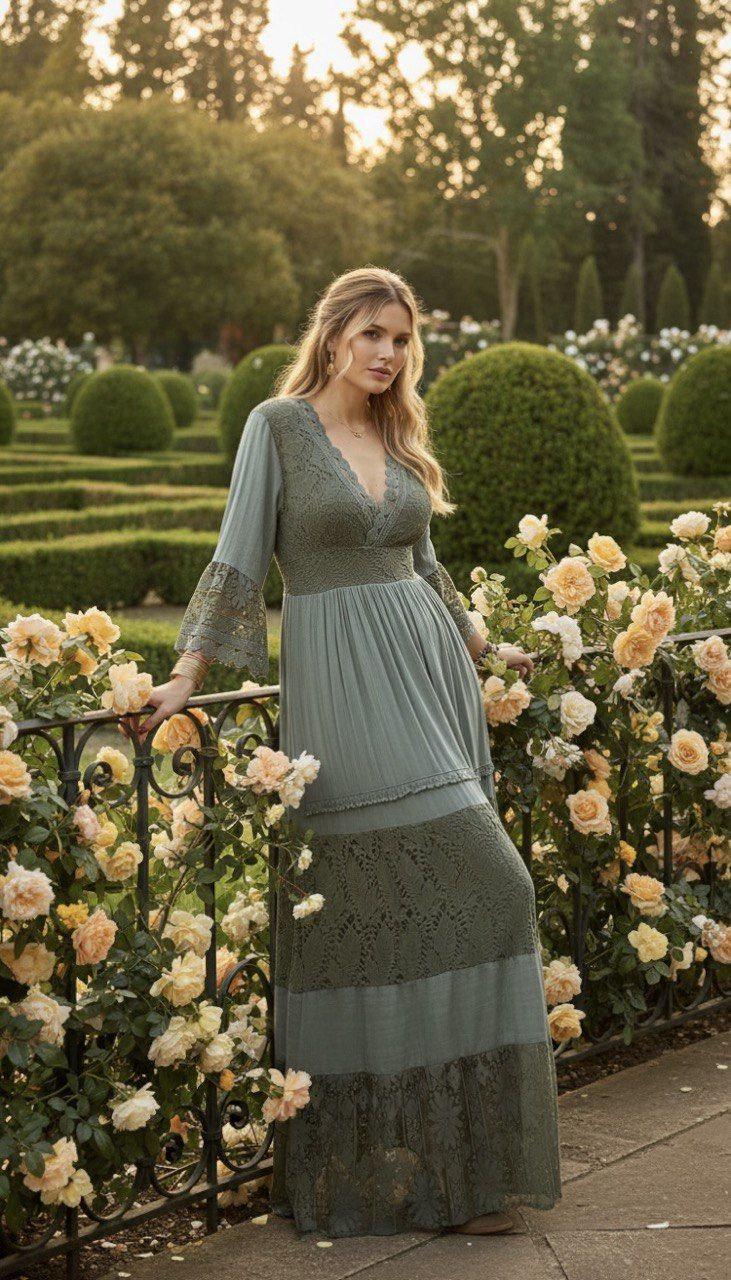 Sage Green Boho Maxi Dress, Lace Cottagecore Dress, V Neck Long Sleeve Dress, Romantic Bohemian Gown, Rustic Wedding Guest Dress.