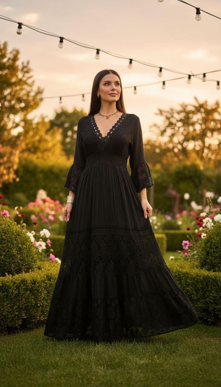 Black Maxi Boho Dress, Black Cotton Dress, Boho Wedding Dress, Bohemian Dresses, Beach Wedding Dress, Boho Dress, Formal Dress.