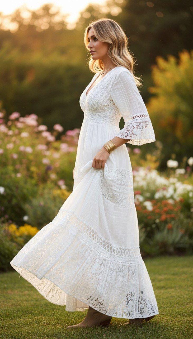 Lace White Boho Dress, Boho Wedding Dress, Bohemian Dresses, Beach Wedding Dress, Boho Dress, Formal Dress, Boho Dress.