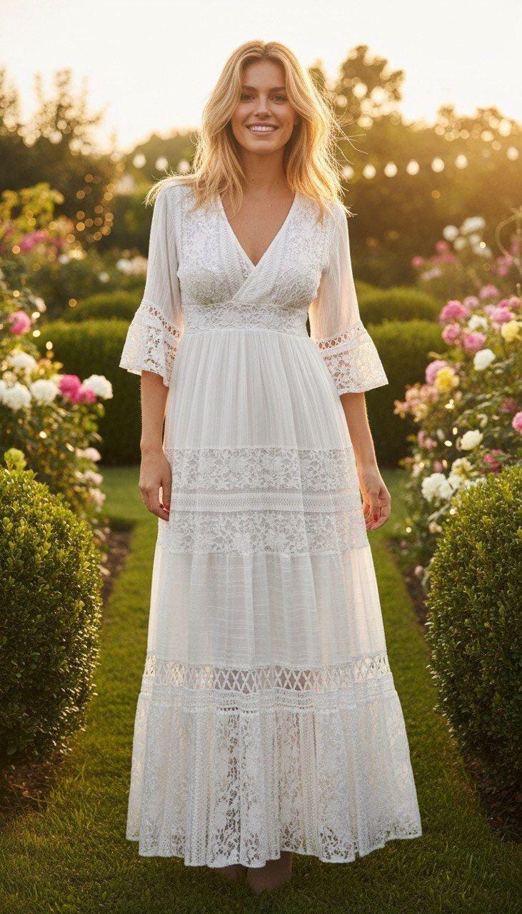 Lace White Boho Dress, Boho Wedding Dress, Bohemian Dresses, Beach Wedding Dress, Boho Dress, Formal Dress, Boho Dress.