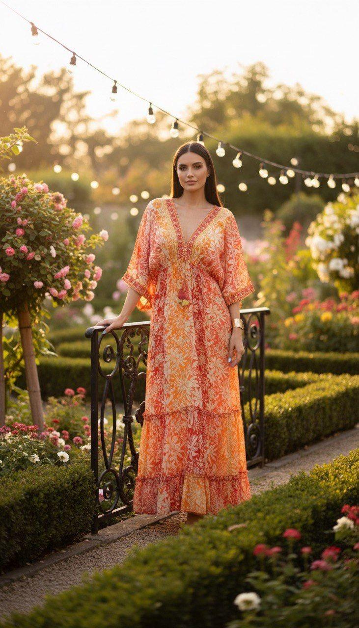 Bohemian Blue Maxi Dress, V Neck Floral Dress, Flowy Beach Dress, Summer Vacation Dress, Festival Outfit, Silk Maxi Dress.