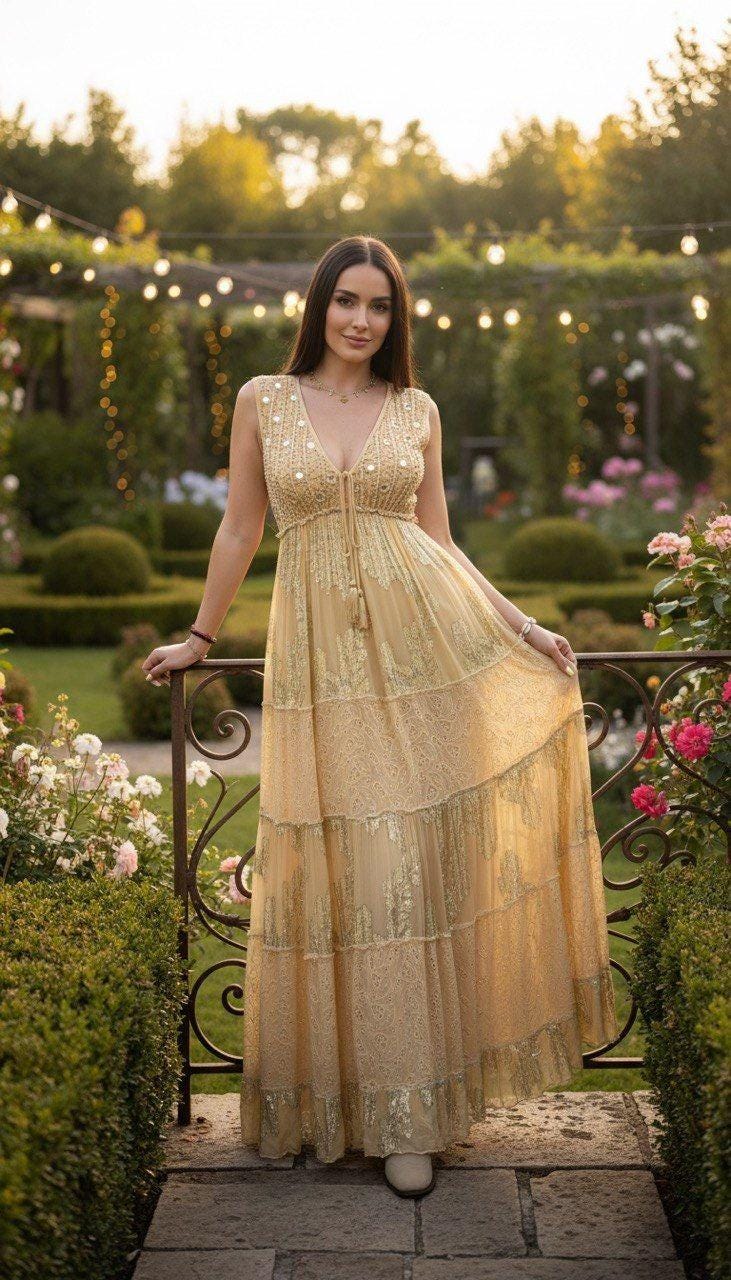 Yellow Boho Maxi Dress Sleeveless, Long Flowy Summer Dress, Beach Vacation Outfit, Elegant Bohemian Maxi Dress for Women, Boho Maxi Dress.