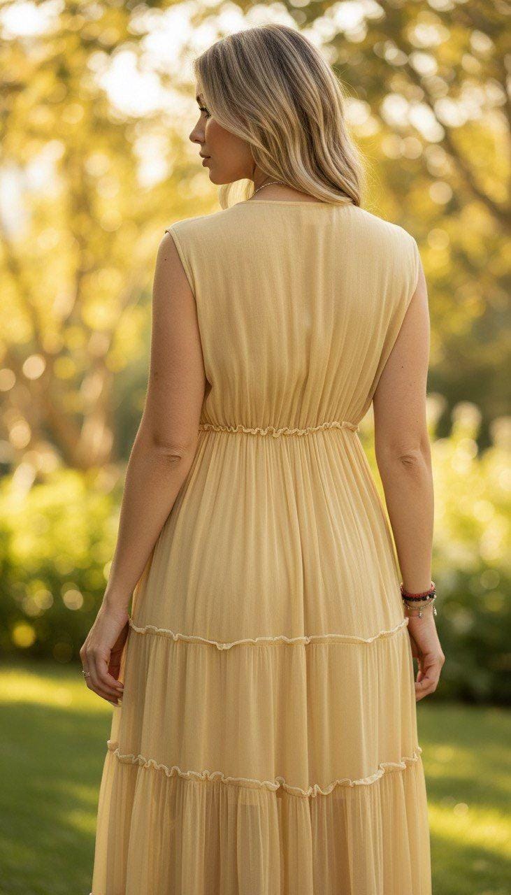 Yellow Boho Maxi Dress Sleeveless, Long Flowy Summer Dress, Beach Vacation Outfit, Elegant Bohemian Maxi Dress for Women, Boho Maxi Dress.
