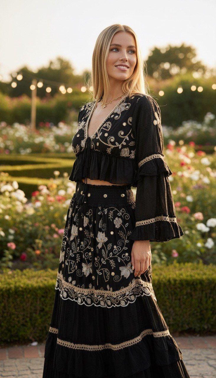 Boho Two Piece Set, Bohemian Crop Top and Maxi Skirt Set, Embroidered Summer Co-ord Set, Beach Vacation Outfit, Festival Matching Set