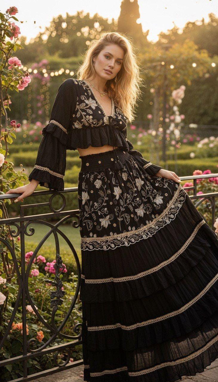 Boho Two Piece Set, Bohemian Crop Top and Maxi Skirt Set, Embroidered Summer Co-ord Set, Beach Vacation Outfit, Festival Matching Set