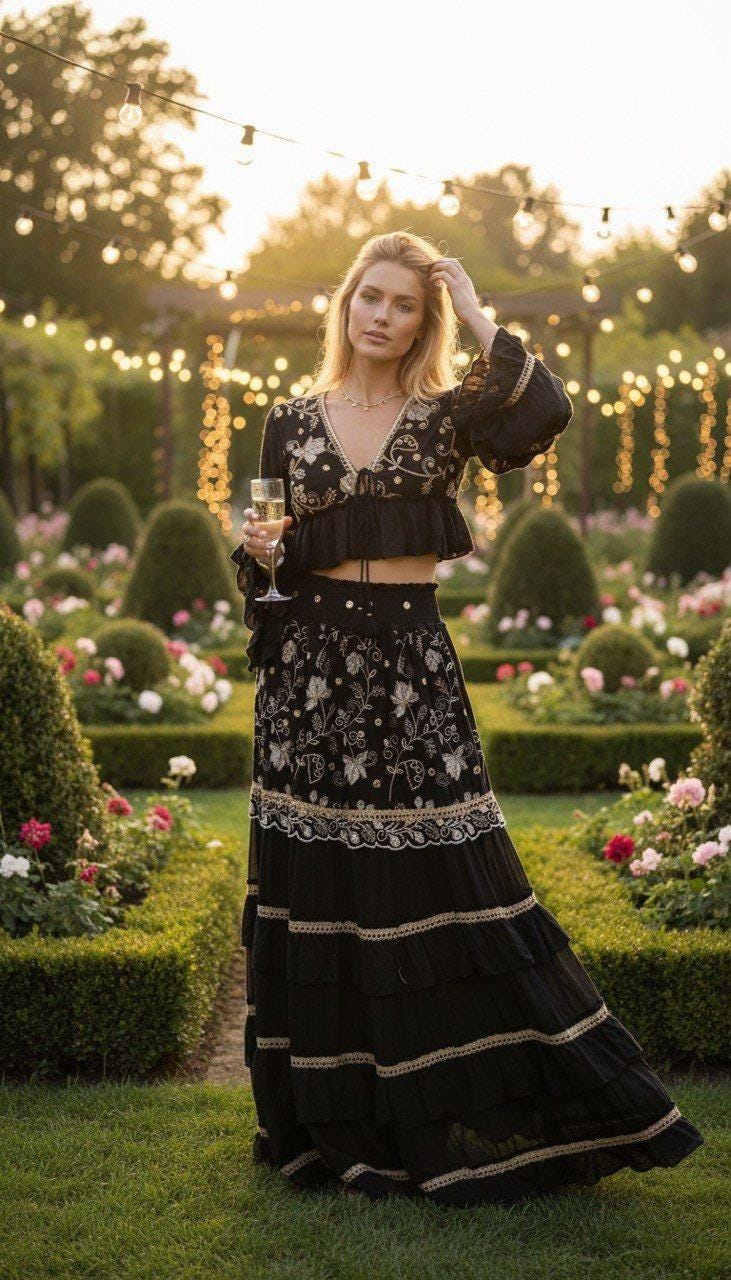 Boho Two Piece Set, Bohemian Crop Top and Maxi Skirt Set, Embroidered Summer Co-ord Set, Beach Vacation Outfit, Festival Matching Set