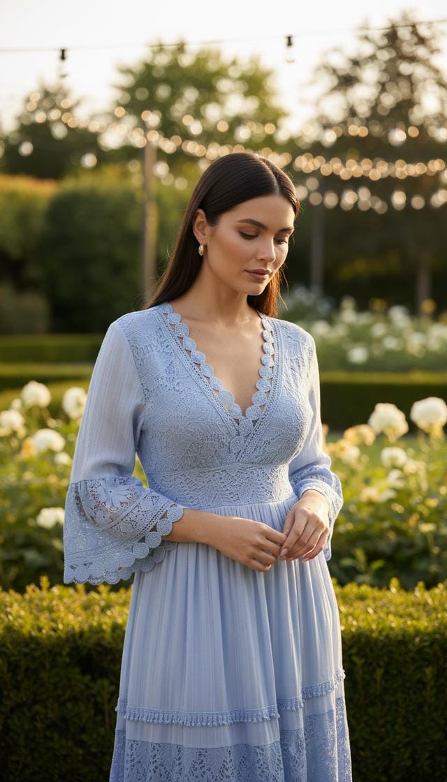 Dusty Blue Boho Maxi Dress, Lace Cottagecore Dress, V Neck Long Sleeve Dress, Romantic Bohemian Gown, Wedding Guest Dress.