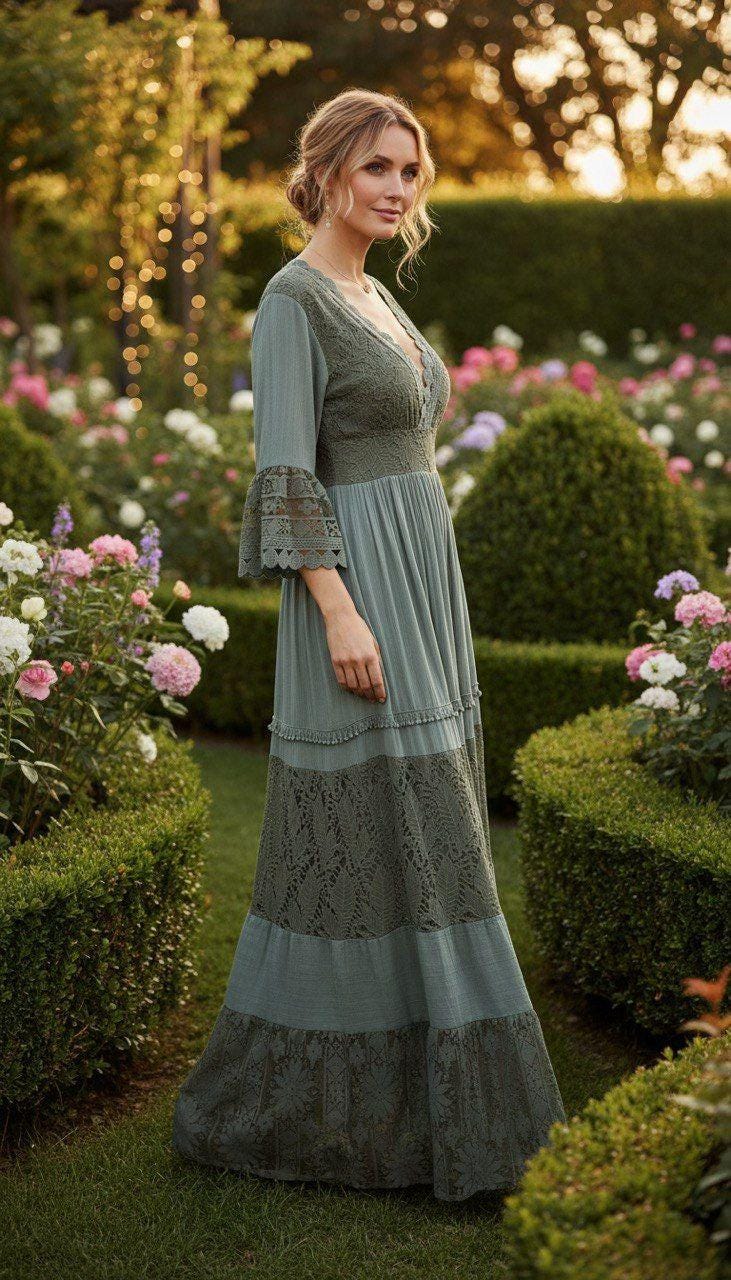 Sage Green Boho Maxi Dress, Lace Cottagecore Dress, V Neck Long Sleeve Dress, Romantic Bohemian Gown, Rustic Wedding Guest Dress.