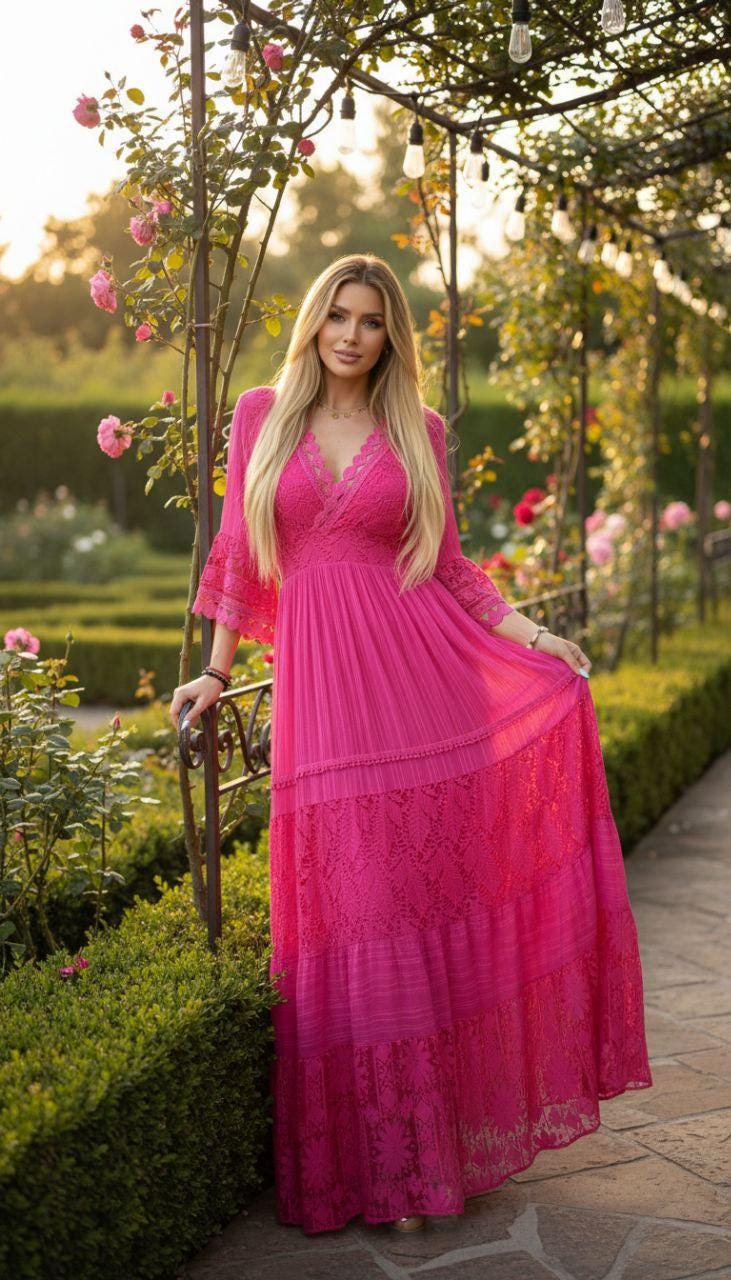 Pink Boho Dress, Boho Wedding Dress, Bohemian Dresses, Beach Wedding Dress, Boho Dress, Formal Dress, Boho Dress, Flowy Dress.