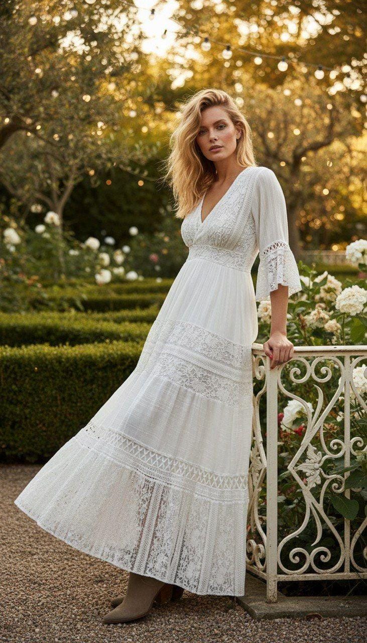 Lace White Boho Dress, Boho Wedding Dress, Bohemian Dresses, Beach Wedding Dress, Boho Dress, Formal Dress, Boho Dress.