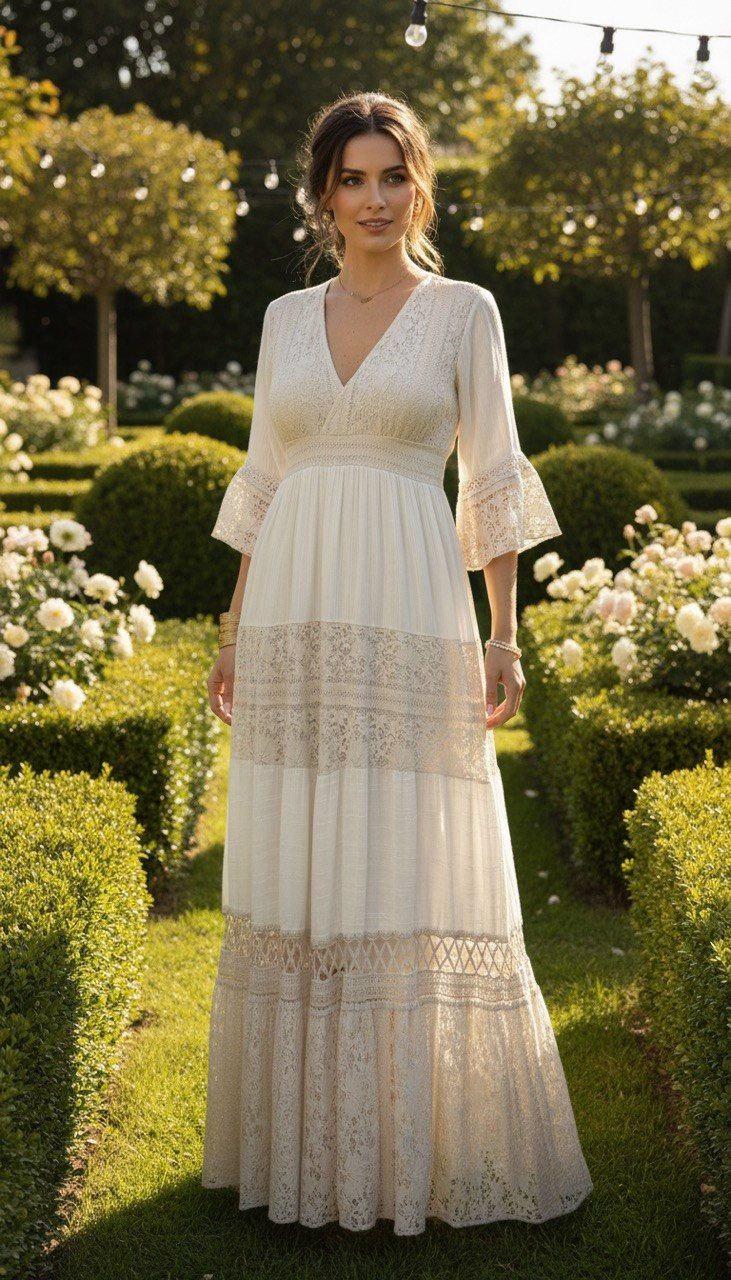 Ivory Boho Maxi Dress, Lace Cottagecore Dress, Romantic V Neck Maxi Dress, Beach Wedding Guest Dress, Flowy Summer Dress.