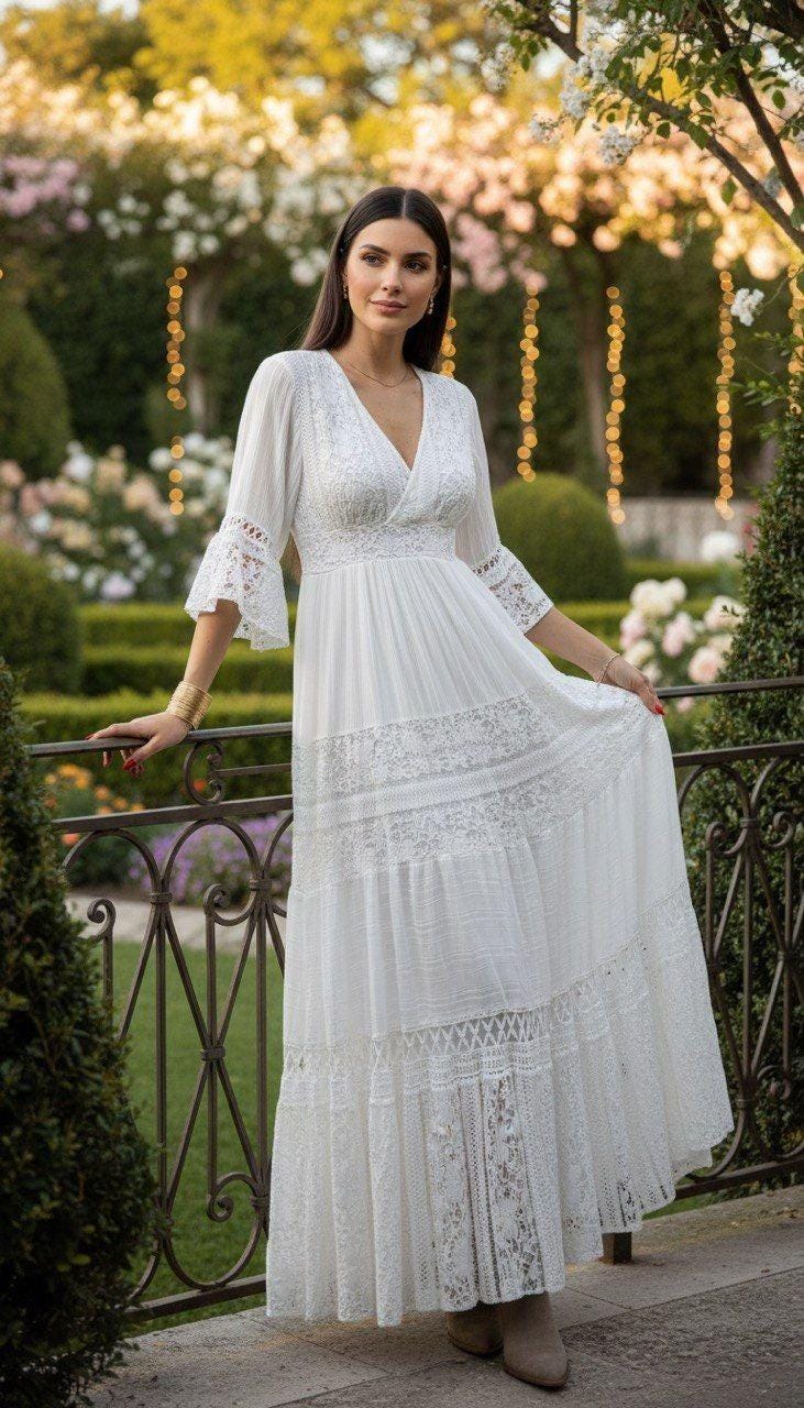 Lace White Boho Dress, Boho Wedding Dress, Bohemian Dresses, Beach Wedding Dress, Boho Dress, Formal Dress, Boho Dress.