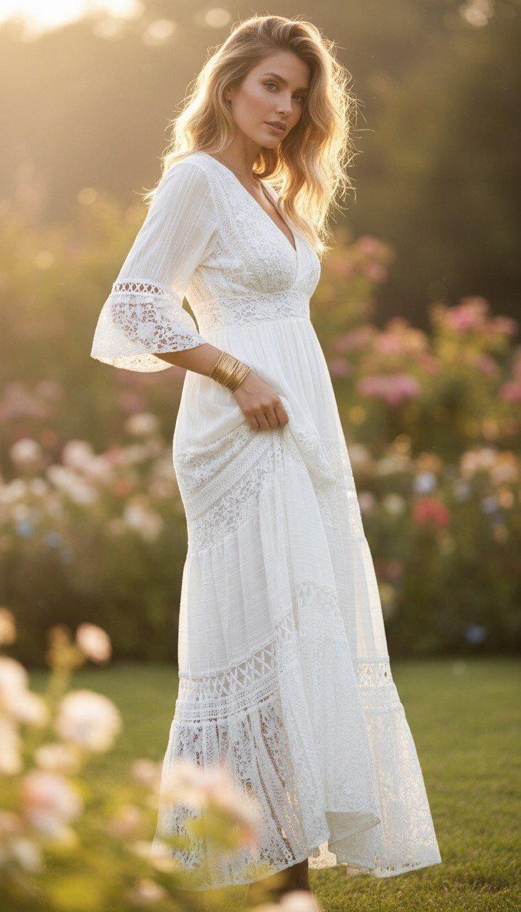 Lace White Boho Dress, Boho Wedding Dress, Bohemian Dresses, Beach Wedding Dress, Boho Dress, Formal Dress, Boho Dress.