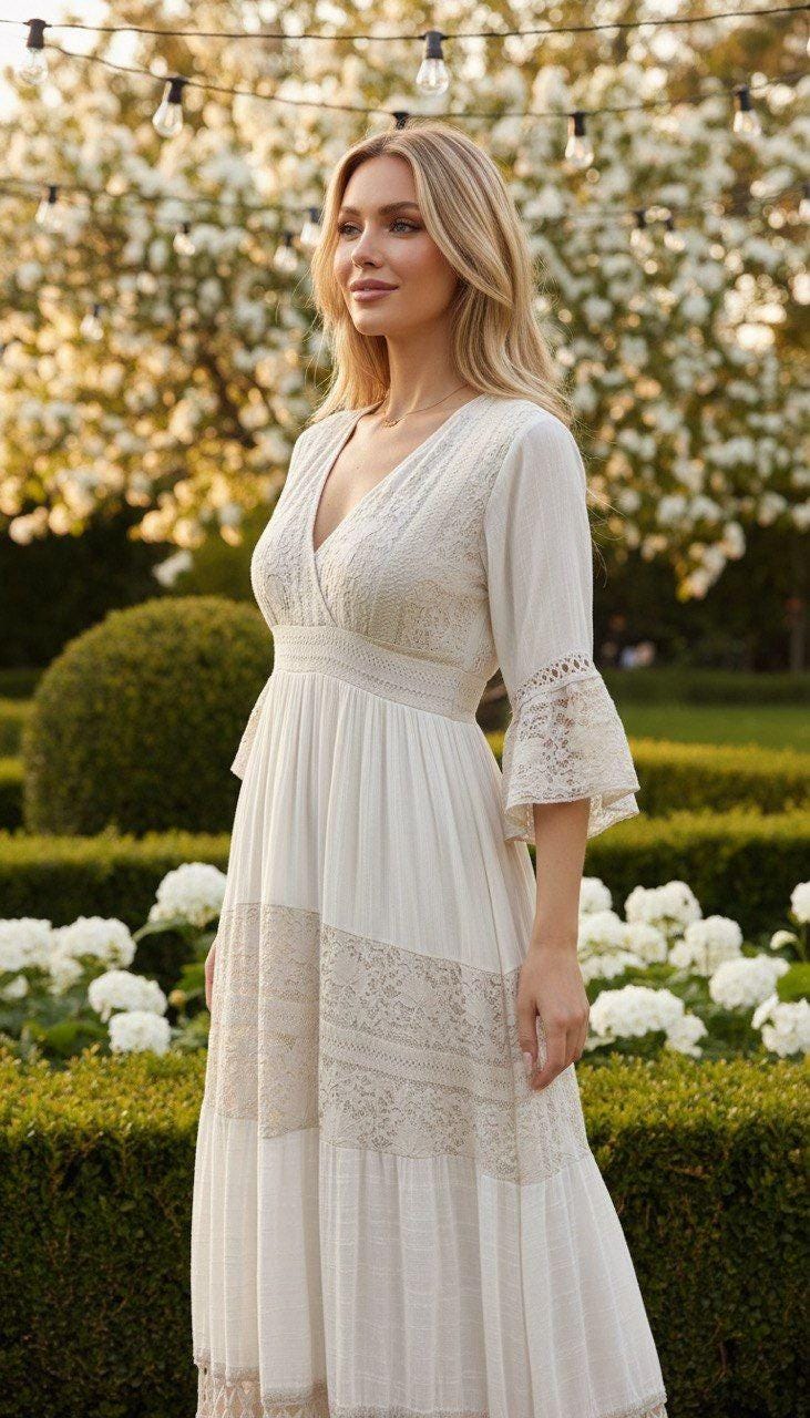 Lace White Boho Dress, Boho Wedding Dress, Bohemian Dresses, Beach Wedding Dress, Boho Dress, Formal Dress, Boho Dress.
