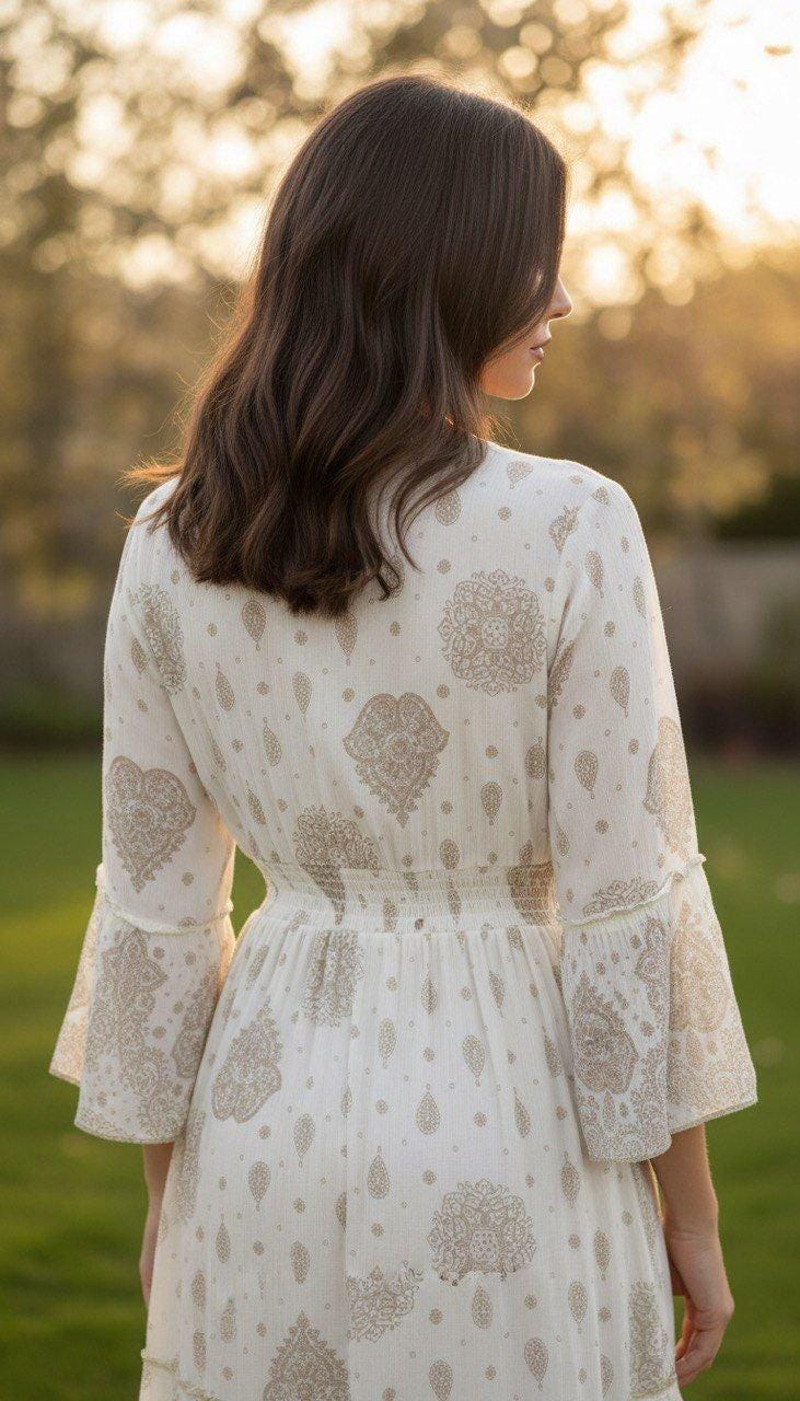 White Gold Boho Maxi Dress for Women, Paisley Print Summer Dress, Flowy Bohemian Dress, Beach Vacation Dress, Wedding Guest Dress.